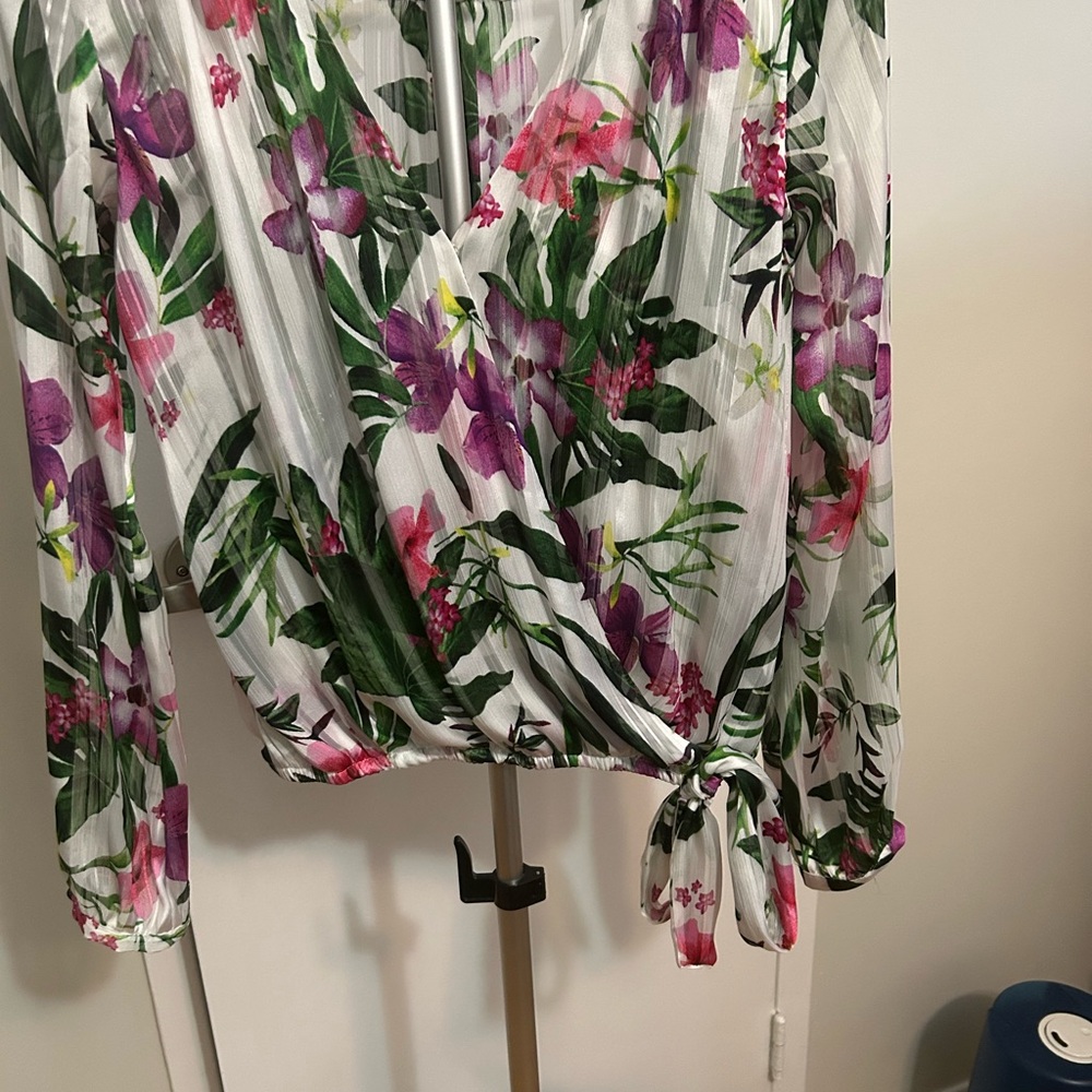 Guess Pink and White Floral Wrap Blouse with Long Sleeves